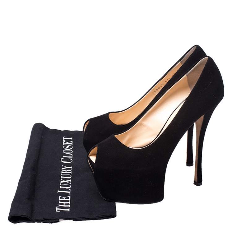 Pre Owned Giuseppe Zanotti Black Suede Liza Peep Toe Platform Pumps Size 37.5