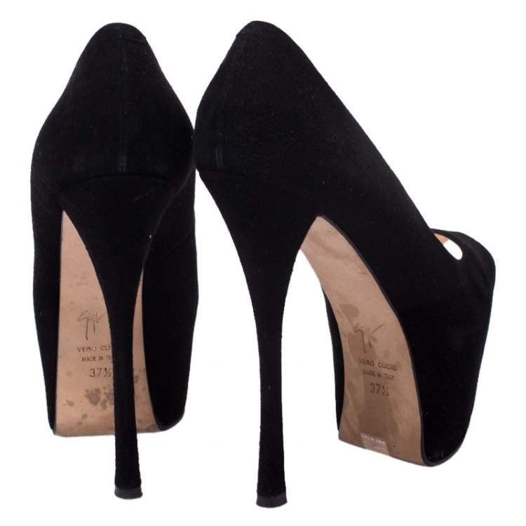 Pre Owned Giuseppe Zanotti Black Suede Liza Peep Toe Platform Pumps Size 37.5