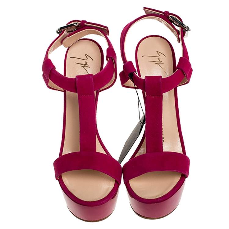 Pre Owned Giuseppe Zanotti Fuchsia Suede Strap Wedge Sandals Size 39