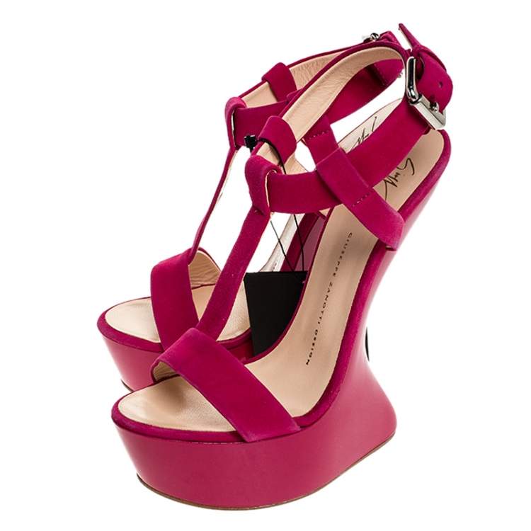 Pre Owned Giuseppe Zanotti Fuchsia Suede Strap Wedge Sandals Size 39