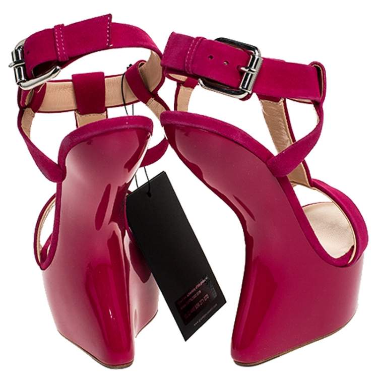 Pre Owned Giuseppe Zanotti Fuchsia Suede Strap Wedge Sandals Size 39