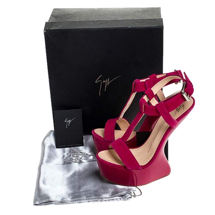 Pre Owned Giuseppe Zanotti Fuchsia Suede Strap Wedge Sandals Size 39