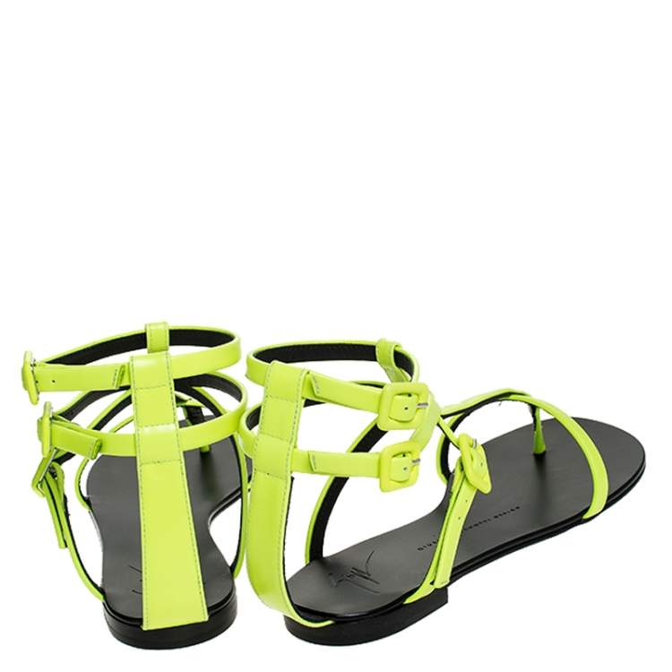 Pre Owned Giuseppe Zanotti Neon Green Leather Rock 10 T-Strap Flat Sandals Size 38