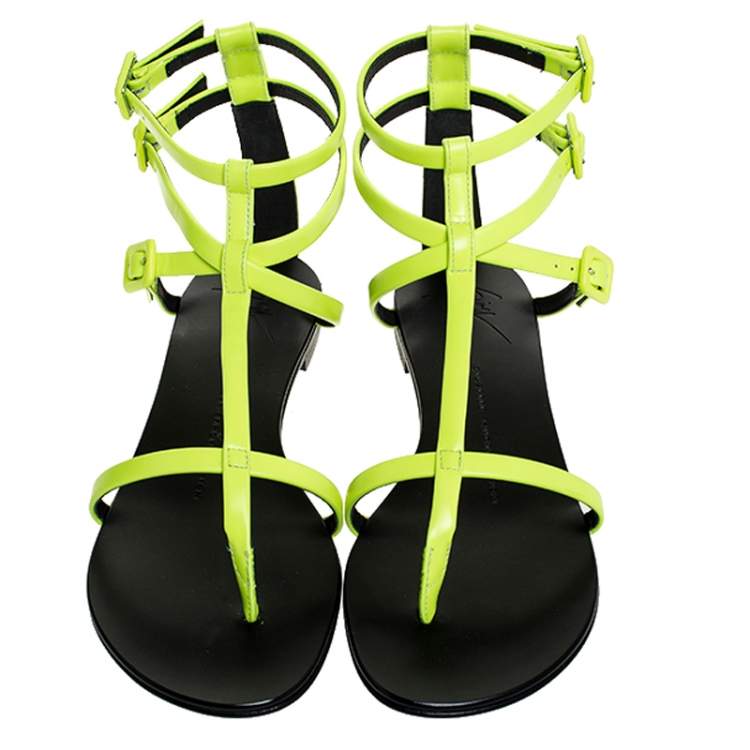 Pre Owned Giuseppe Zanotti Neon Green Leather Rock 10 T-Strap Flat Sandals Size 38