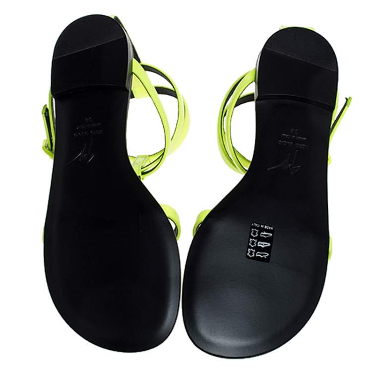 Pre Owned Giuseppe Zanotti Neon Green Leather Rock 10 T-Strap Flat Sandals Size 38
