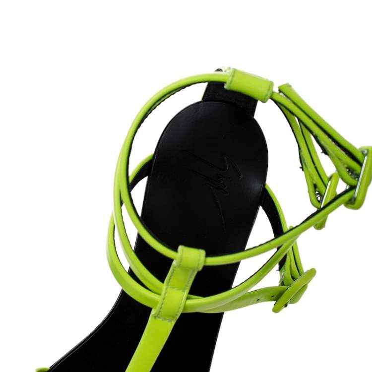 Pre Owned Giuseppe Zanotti Neon Green Leather Rock 10 T-Strap Flat Sandals Size 38