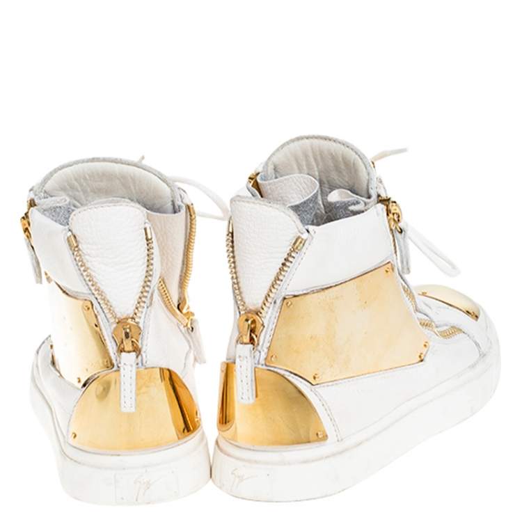 Pre Owned Giuseppe Zanotti White Leather Metal Embellished Double Chain High Top Sneakers Size 41