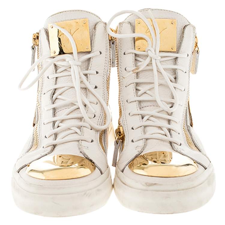 Pre Owned Giuseppe Zanotti White Leather Metal Embellished Double Chain High Top Sneakers Size 41