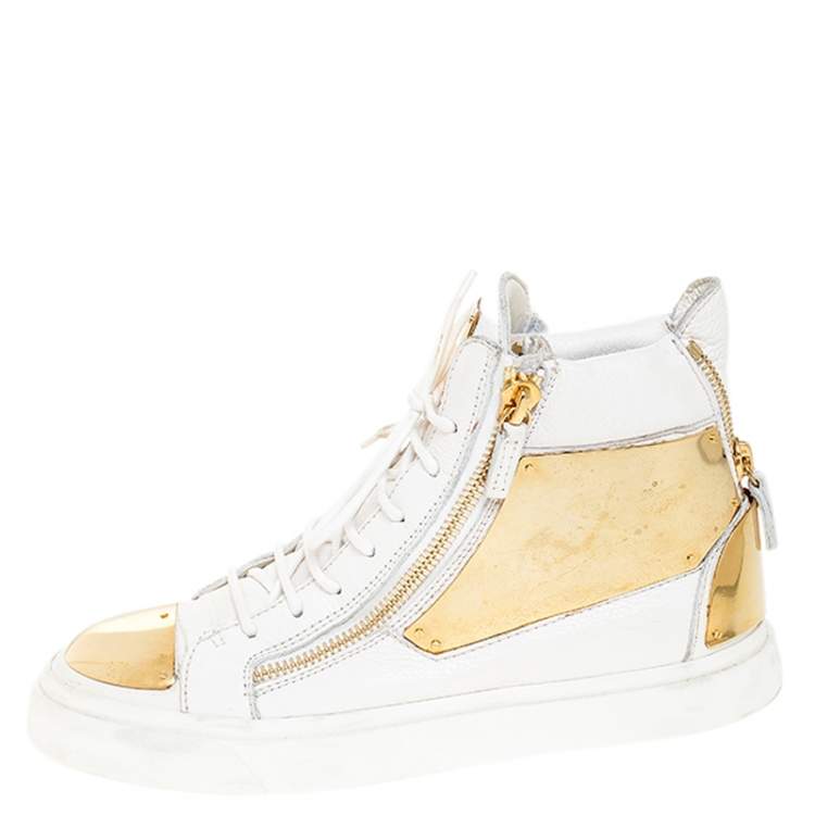 Pre Owned Giuseppe Zanotti White Leather Metal Embellished Double Chain High Top Sneakers Size 41
