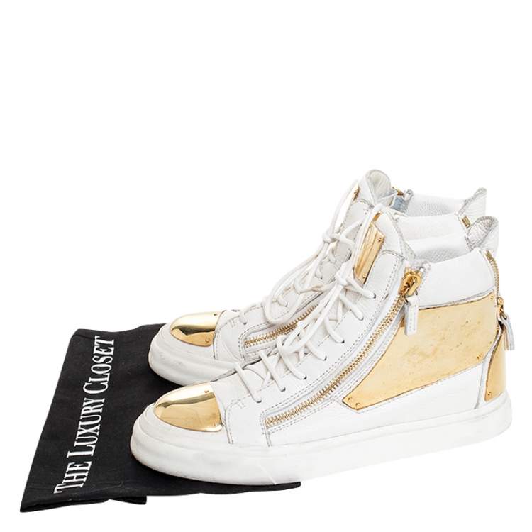 Pre Owned Giuseppe Zanotti White Leather Metal Embellished Double Chain High Top Sneakers Size 41