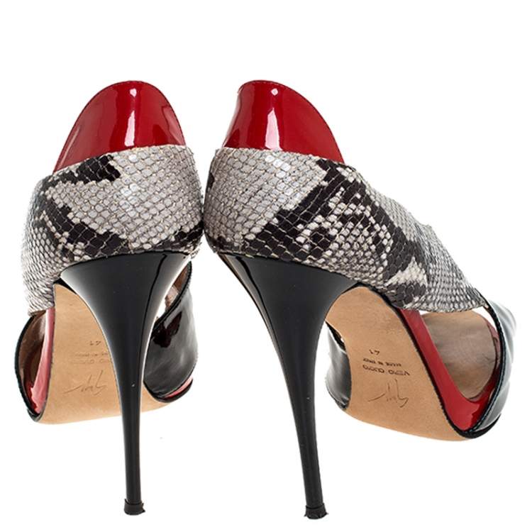 Pre Owned Giuseppe Zanotti Black/Red Cross Patent Leather and Python Embossed Leather Open Toe Sandals Size 41