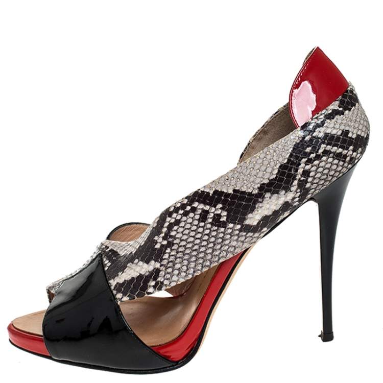 Pre Owned Giuseppe Zanotti Black/Red Cross Patent Leather and Python Embossed Leather Open Toe Sandals Size 41