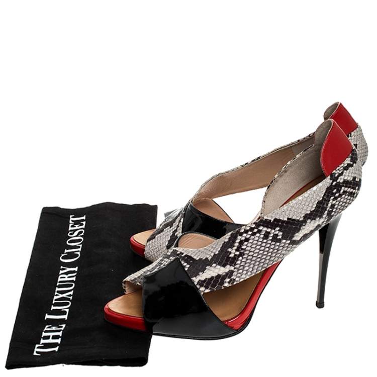 Pre Owned Giuseppe Zanotti Black/Red Cross Patent Leather and Python Embossed Leather Open Toe Sandals Size 41
