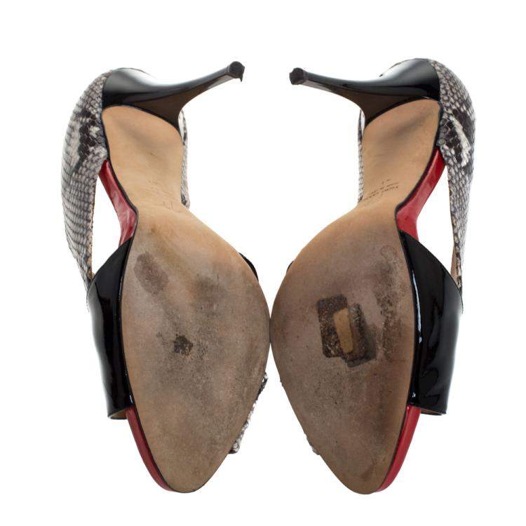 Pre Owned Giuseppe Zanotti Black/Red Cross Patent Leather and Python Embossed Leather Open Toe Sandals Size 41