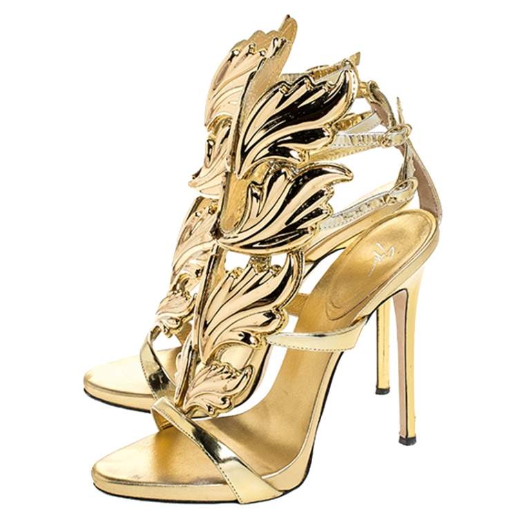 Pre Owned Giuseppe Zanotti Gold Leather Baroque Leaf Sandals Size 38