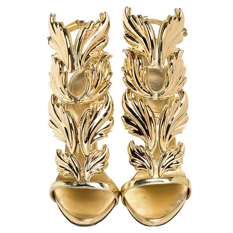 Pre Owned Giuseppe Zanotti Gold Leather Baroque Leaf Sandals Size 38