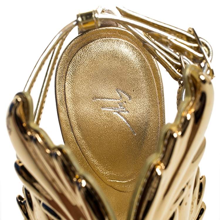 Pre Owned Giuseppe Zanotti Gold Leather Baroque Leaf Sandals Size 38