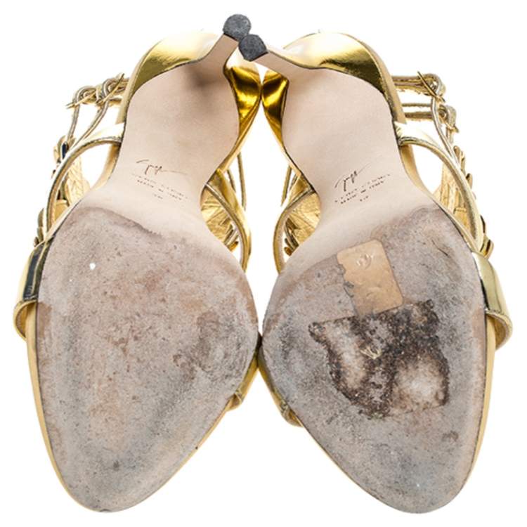 Pre Owned Giuseppe Zanotti Gold Leather Baroque Leaf Sandals Size 38
