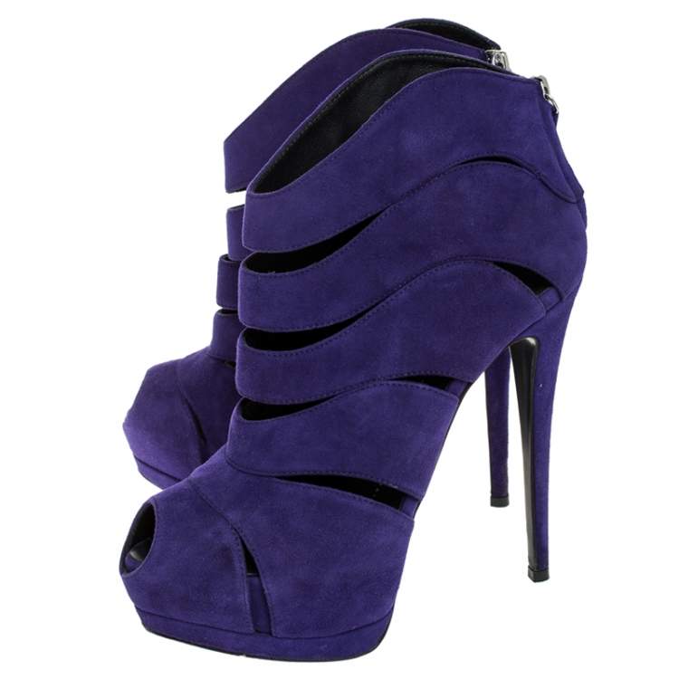 مملوكة مسبقًا Giuseppe Zanotti Purple Wave Cut Out Suede Peep Toe Platform Booties Size 38