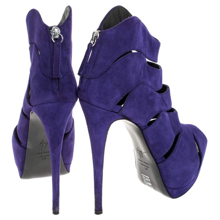 مملوكة مسبقًا Giuseppe Zanotti Purple Wave Cut Out Suede Peep Toe Platform Booties Size 38