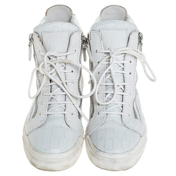 Pre Owned Giuseppe Zanotti White Croc Embossed Leather London High Top Sneakers Size 37.5