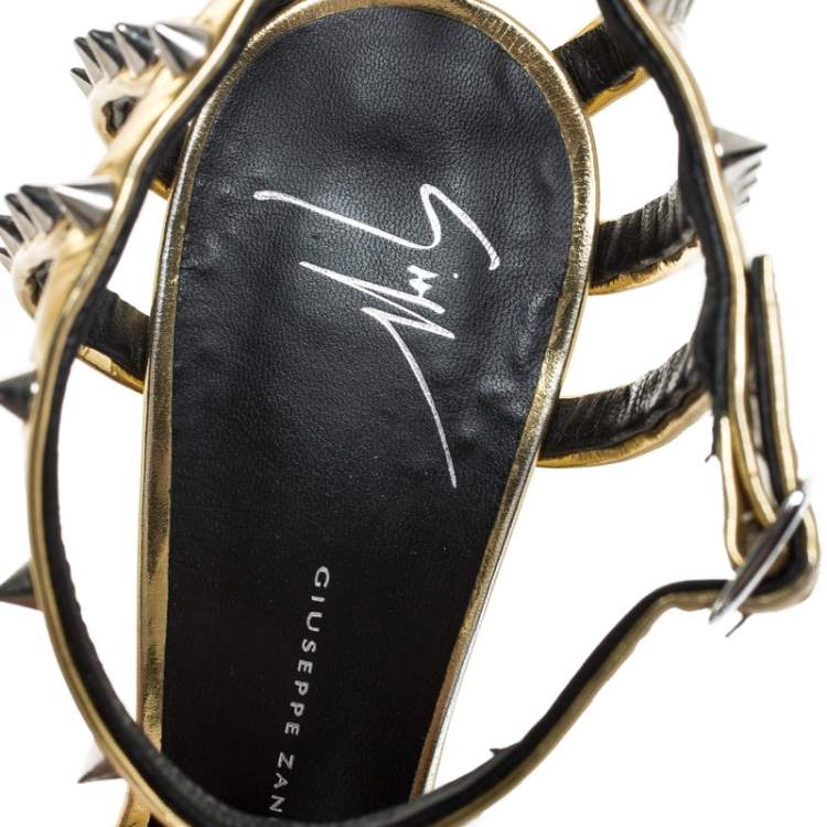 Pre Owned Giuseppe Zanotti Gold Metallic Spike Leather Ankle Strap Sandals Size 39