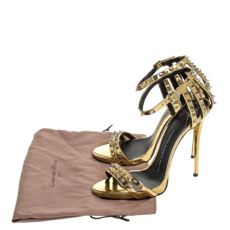 Pre Owned Giuseppe Zanotti Gold Metallic Spike Leather Ankle Strap Sandals Size 39