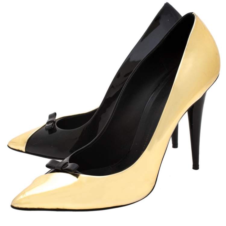 Pre Owned Guiseppe Zannotti Black/Gold Patent Leather Bow Pointed Toe Pumps Size 40