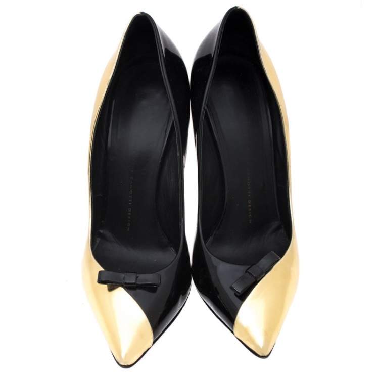 Pre Owned Guiseppe Zannotti Black/Gold Patent Leather Bow Pointed Toe Pumps Size 40