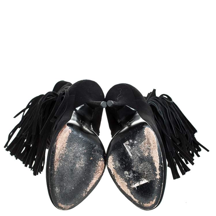Pre Owned Giuseppe Zanotti Black Suede Fringe Detail Mid Calf Boots Size 38.5