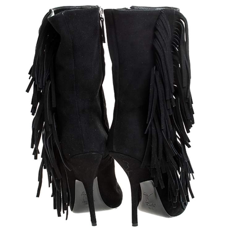 Pre Owned Giuseppe Zanotti Black Suede Fringe Detail Mid Calf Boots Size 38.5