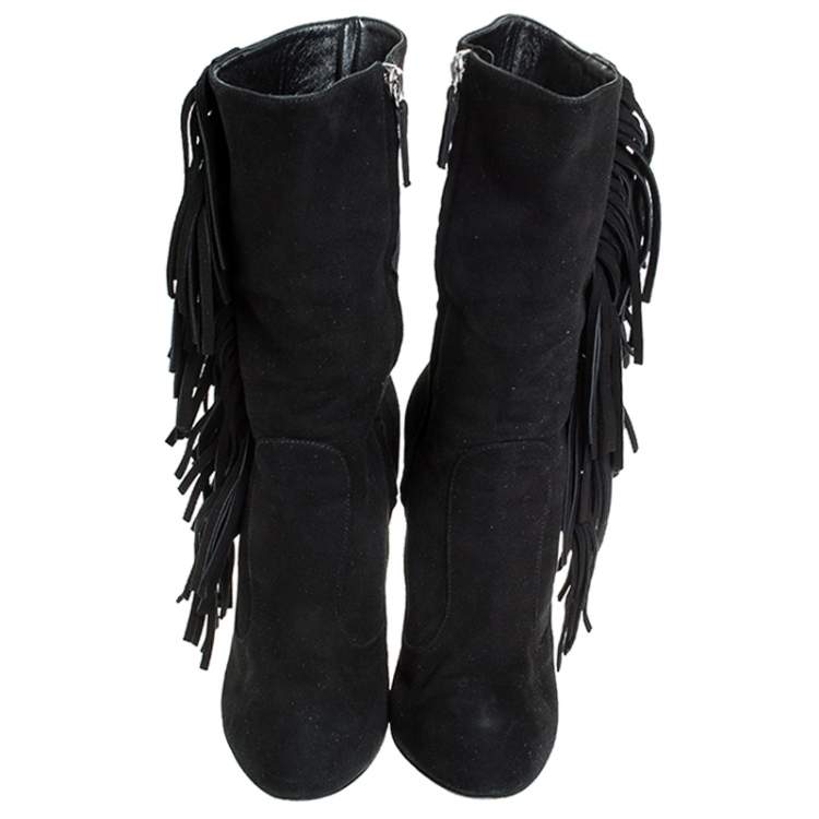 Pre Owned Giuseppe Zanotti Black Suede Fringe Detail Mid Calf Boots Size 38.5