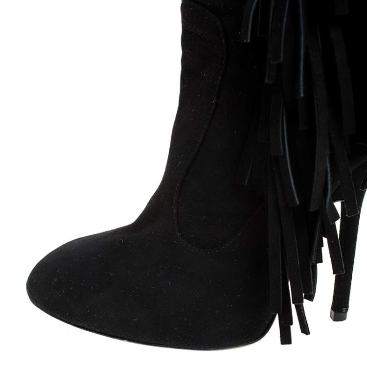 Pre Owned Giuseppe Zanotti Black Suede Fringe Detail Mid Calf Boots Size 38.5