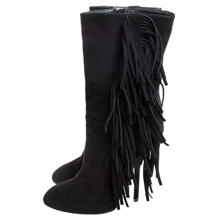 Pre Owned Giuseppe Zanotti Black Suede Fringe Detail Mid Calf Boots Size 38.5