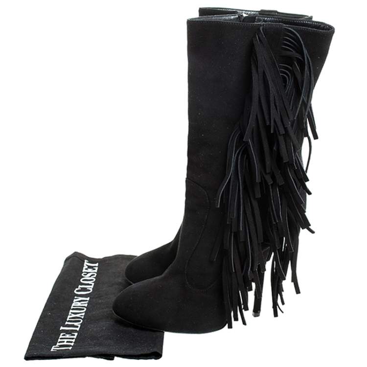 Pre Owned Giuseppe Zanotti Black Suede Fringe Detail Mid Calf Boots Size 38.5