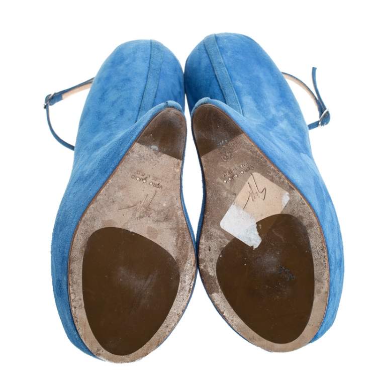 Pre Owned Giuseppe Zanotti Blue Suede Heelless Peep Toe Platform Pumps Size 40