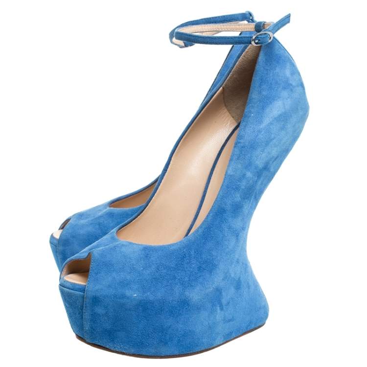 Pre Owned Giuseppe Zanotti Blue Suede Heelless Peep Toe Platform Pumps Size 40