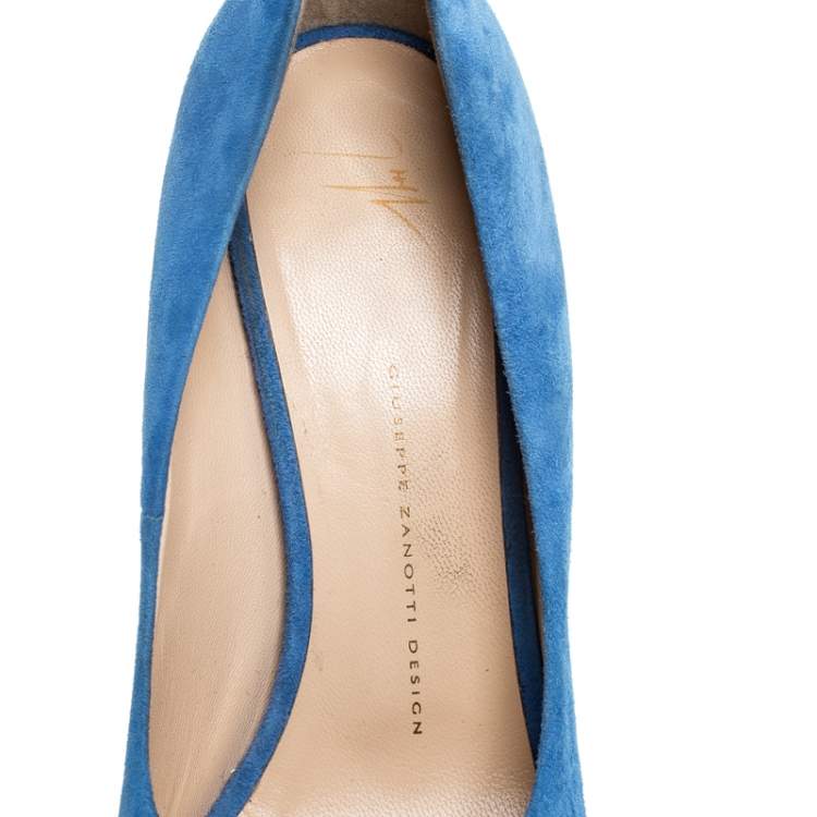 Pre Owned Giuseppe Zanotti Blue Suede Heelless Peep Toe Platform Pumps Size 40