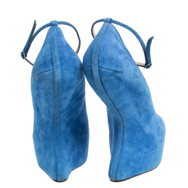 Pre Owned Giuseppe Zanotti Blue Suede Heelless Peep Toe Platform Pumps Size 40