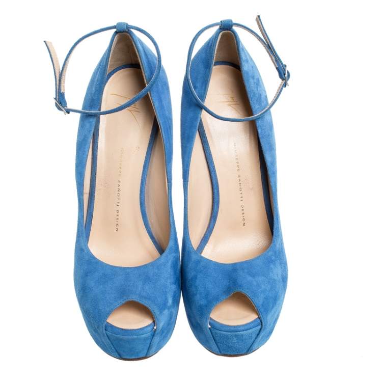 Pre Owned Giuseppe Zanotti Blue Suede Heelless Peep Toe Platform Pumps Size 40