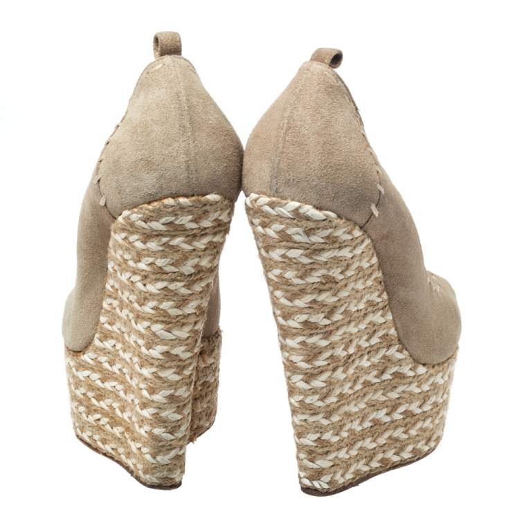 Pre Owned Giuseppe Zanotti Beige Suede Leather Peep Toe Wedge Platform Pumps Size 38.5
