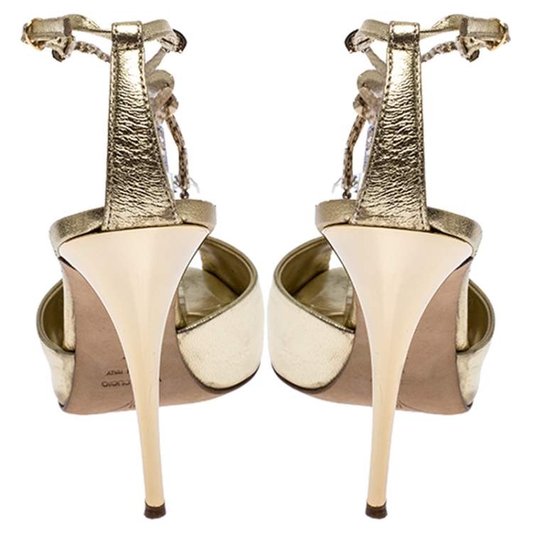 Pre Owned Giuseppe Zanotti Metallic Gold Leather Dangle Crystal Embellishment Sandals Size 37