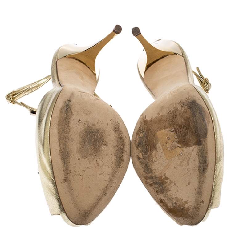 Pre Owned Giuseppe Zanotti Metallic Gold Leather Dangle Crystal Embellishment Sandals Size 37