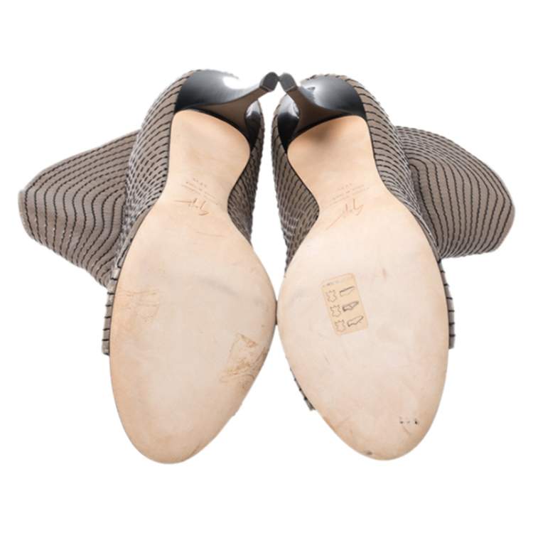 Pre Owned Giuseppe Zanotti Dark Beige Stitch Detail Leather Peep Toe Ankle Booties Size 37.5