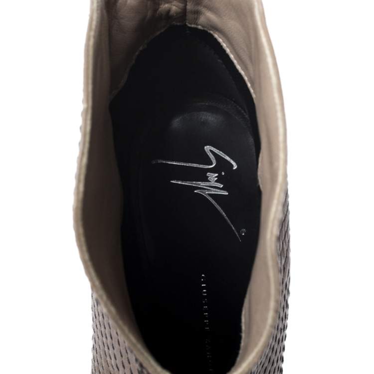 Pre Owned Giuseppe Zanotti Dark Beige Stitch Detail Leather Peep Toe Ankle Booties Size 37.5