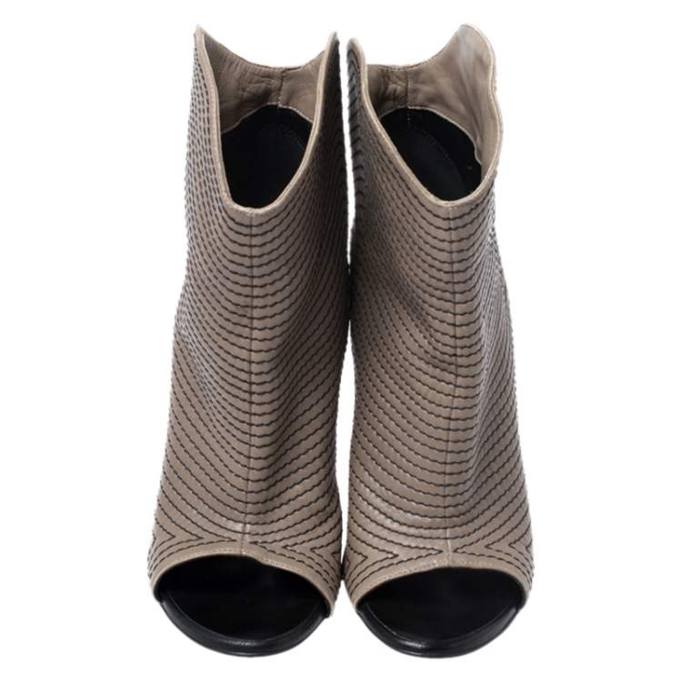 Pre Owned Giuseppe Zanotti Dark Beige Stitch Detail Leather Peep Toe Ankle Booties Size 37.5