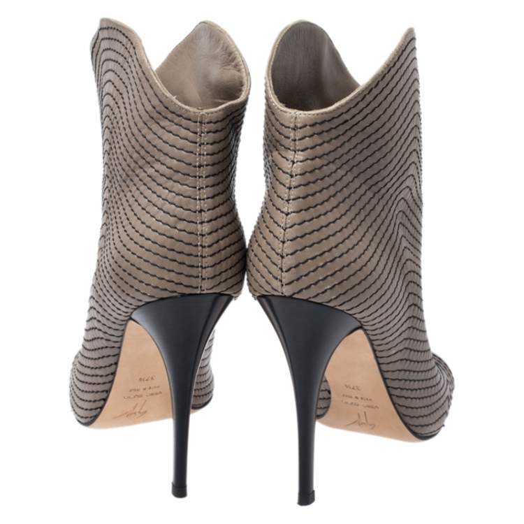 Pre Owned Giuseppe Zanotti Dark Beige Stitch Detail Leather Peep Toe Ankle Booties Size 37.5
