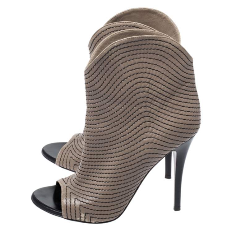 Pre Owned Giuseppe Zanotti Dark Beige Stitch Detail Leather Peep Toe Ankle Booties Size 37.5