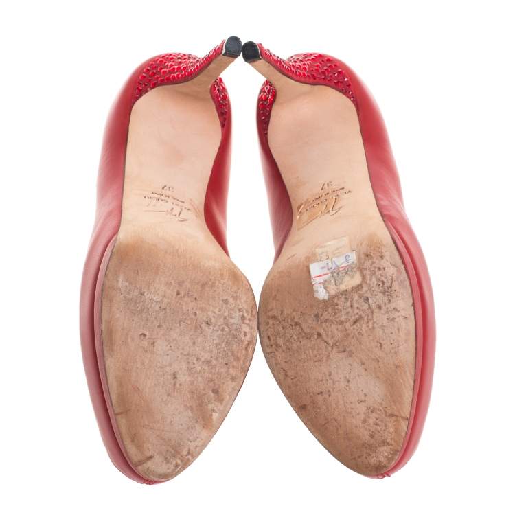 Pre Owned Giuseppe Zanotti Red Leather And Suede Crystal Embellished Peep Toe Platform Pumps Size 37