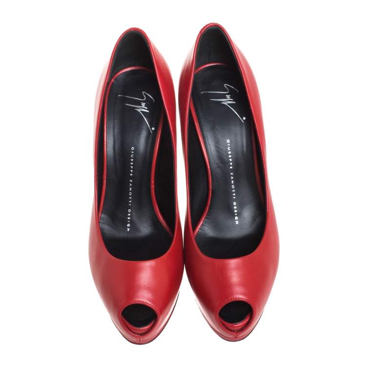 Pre Owned Giuseppe Zanotti Red Leather And Suede Crystal Embellished Peep Toe Platform Pumps Size 37